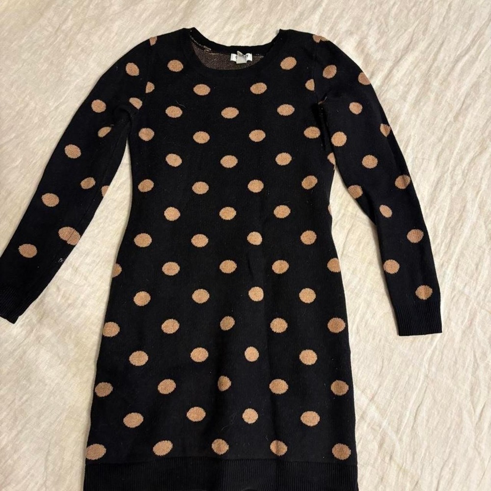 Old Navy Black Tan Polka Dot Long Sleeve Knit Sweater Mini Dress XS Petite